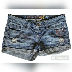 Womens Mudd Blue Jean Shorts Size 5 Pink Orange Paint Splatter